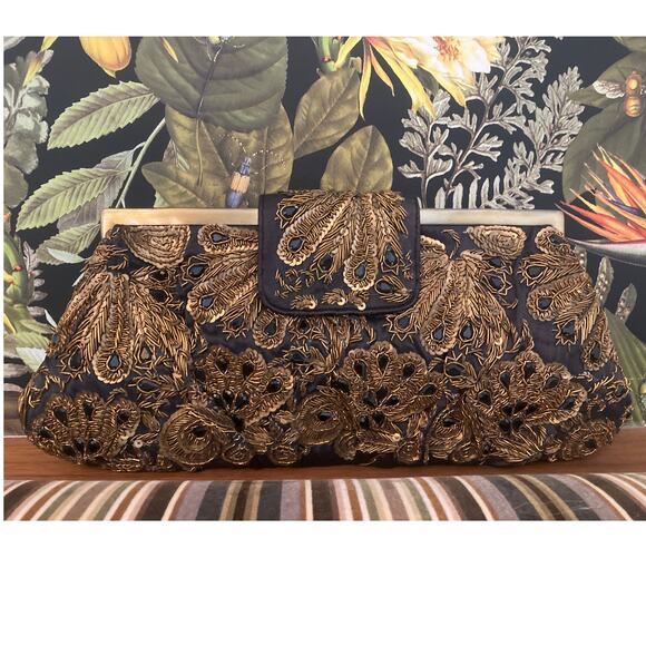 Santi Beaded Clutch Evening Bag Satin + Ornate Gold & Black Beading ~ Lovely - Picture 1 of 9